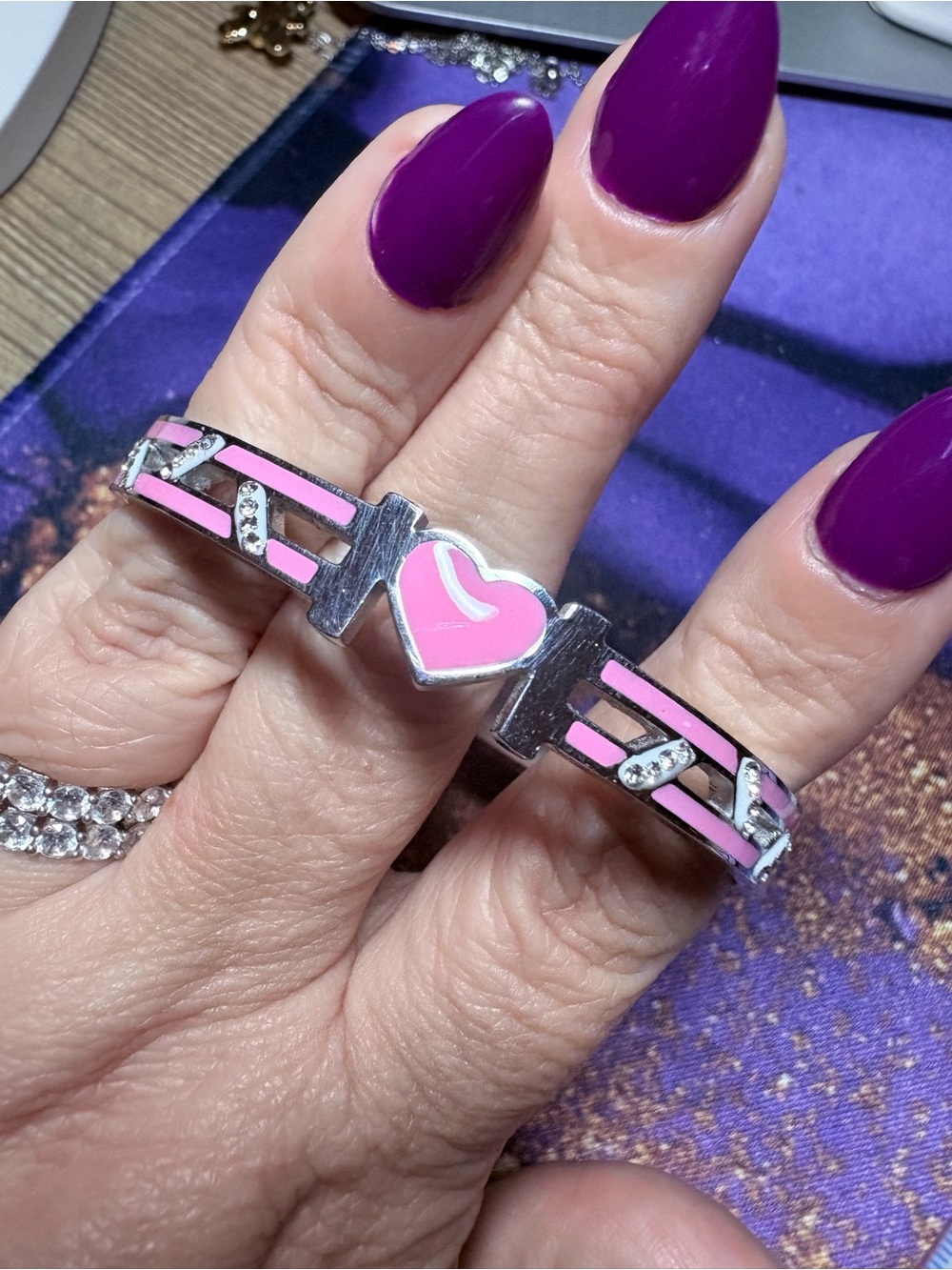 Silver-Tone Pink Heart Enamel Bracelet - Women's Fashion Jewelry NWOT